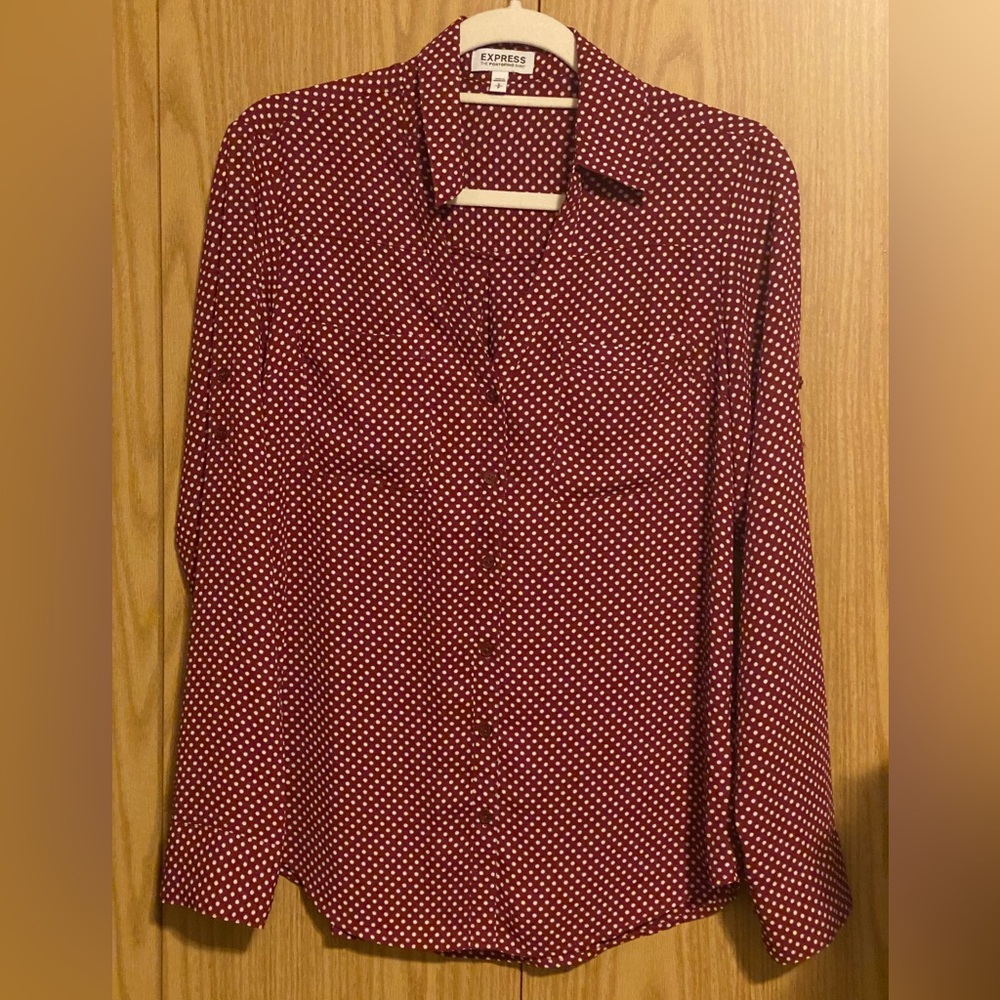 Express Portofino Shirt S | Burgundy White Polka Dot | Classic Button Down